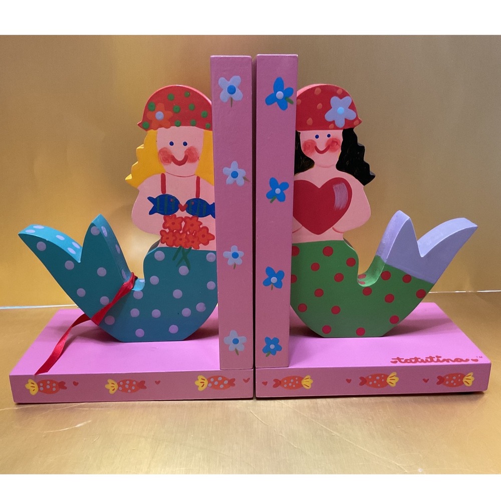 Tatutina Mermaid Wooden Bookends Hand Painted Kids Decor Pink Blue Set of 2